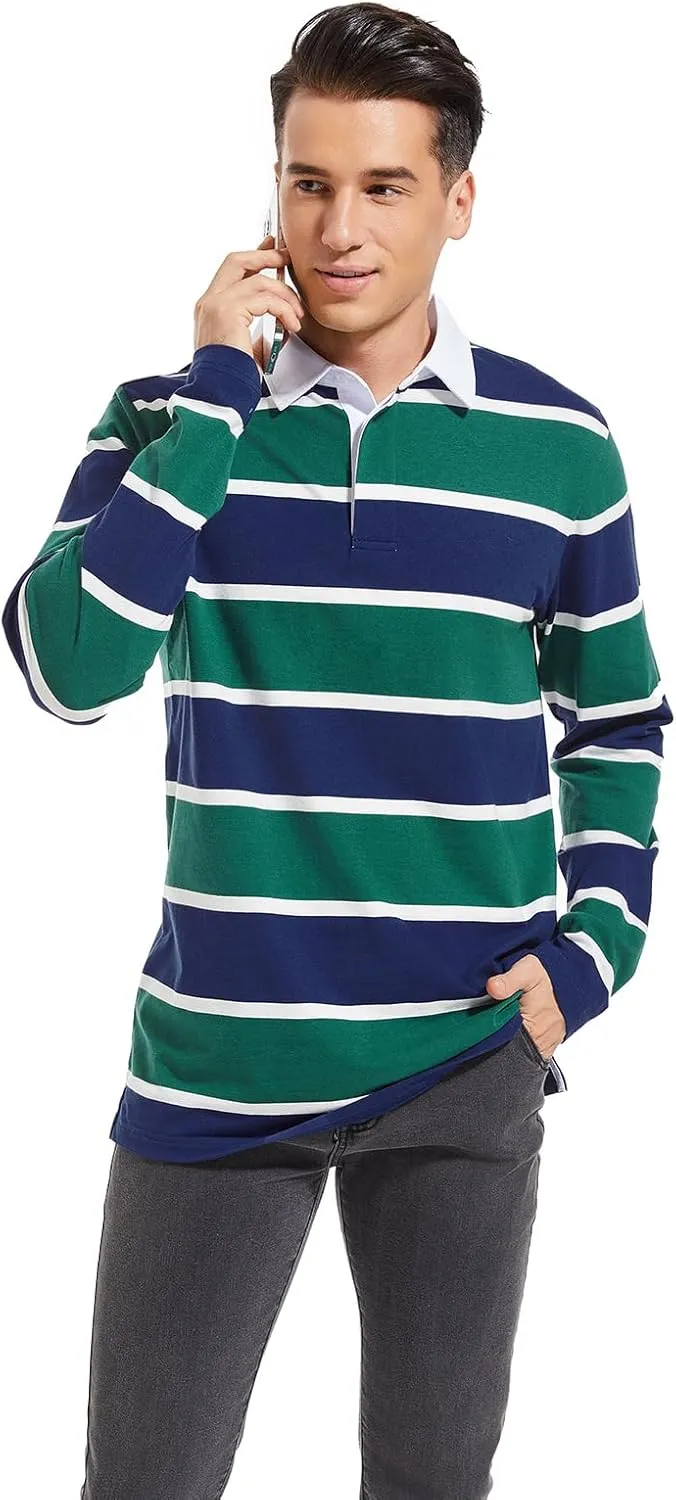 Mens Polo Shirts Striped Cotton Moisture Wicking Classic Collared Casual Golf Shirts for Men