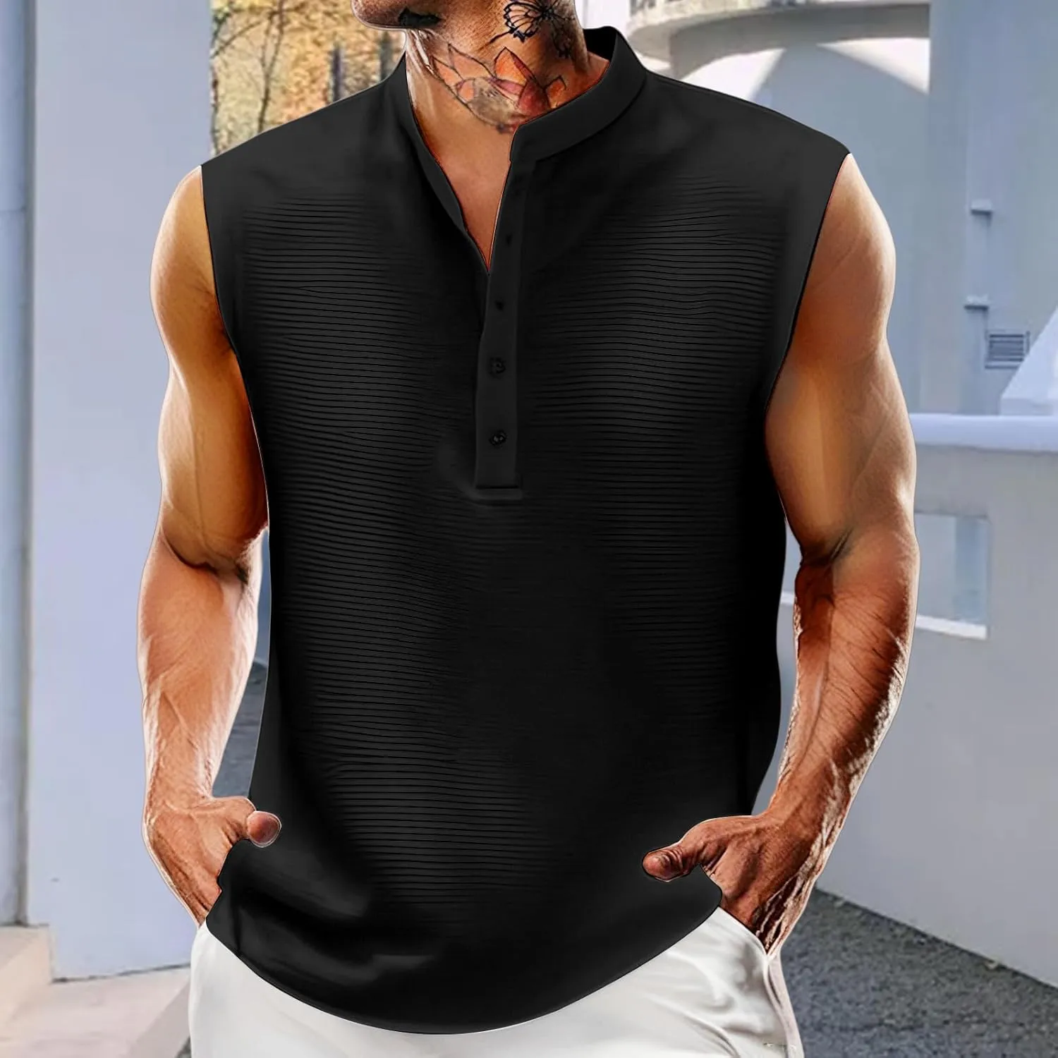 Men's Sleeveless T Shirts Casual Solid Color Tank Tops Quarter Button Stand Collar Top Lightweight Muscle Slim Shirts