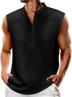 Men's Sleeveless T Shirts Casual Solid Color Tank Tops Quarter Button Stand Collar Top Lightweight Muscle Slim Shirts