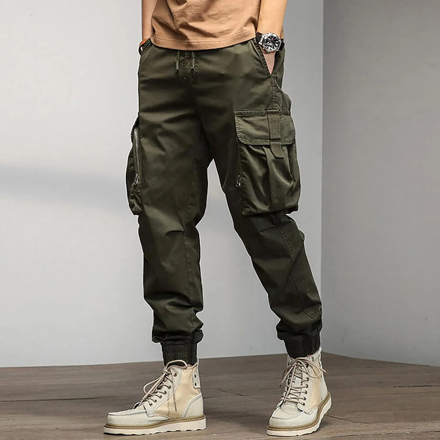 Mens Sweatpants Open Bottom Men's Lightweight Cargo Trouser Hiking Pants Casual Jogger Pants with Multi Pockets