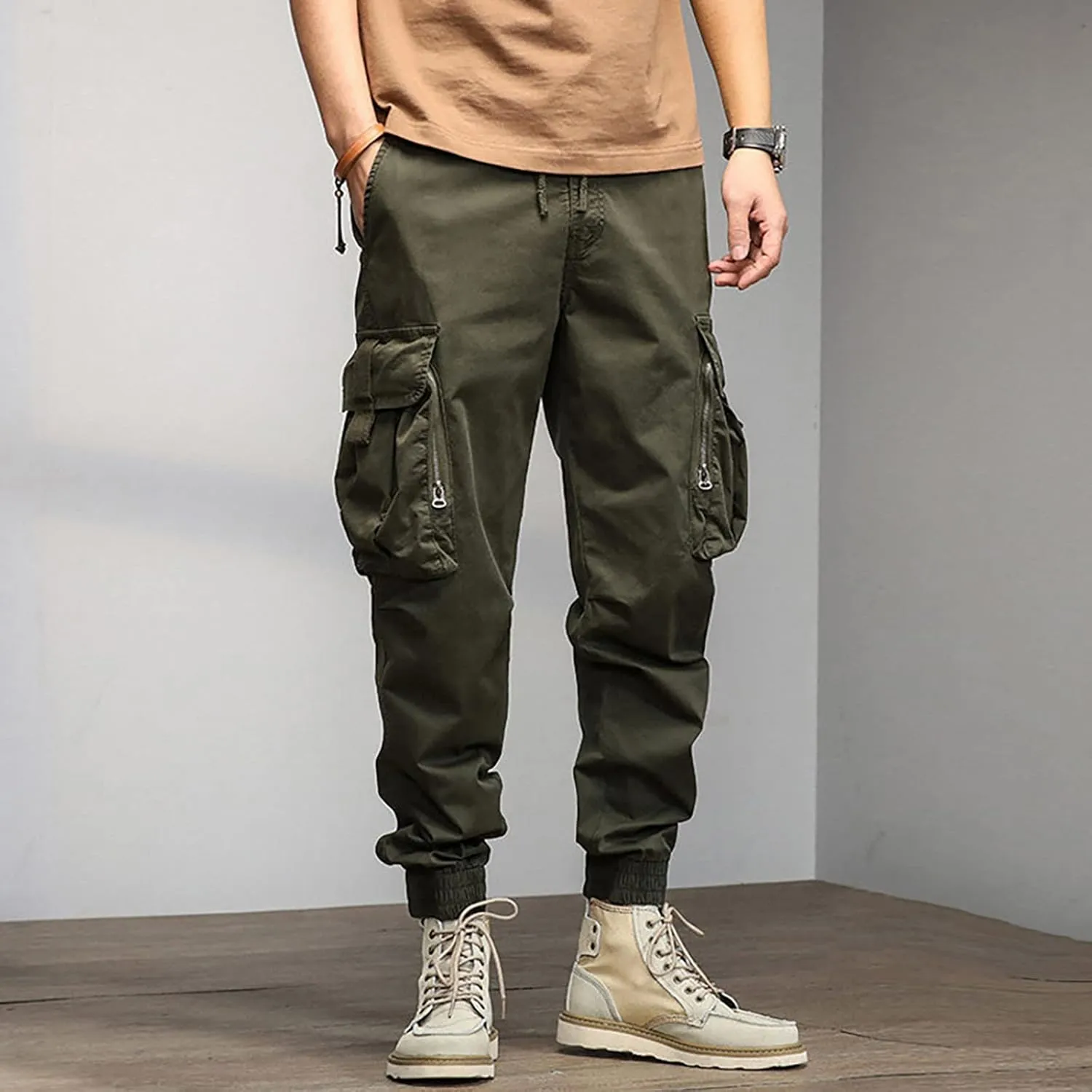 Mens Sweatpants Open Bottom Men's Lightweight Cargo Trouser Hiking Pants Casual Jogger Pants with Multi Pockets
