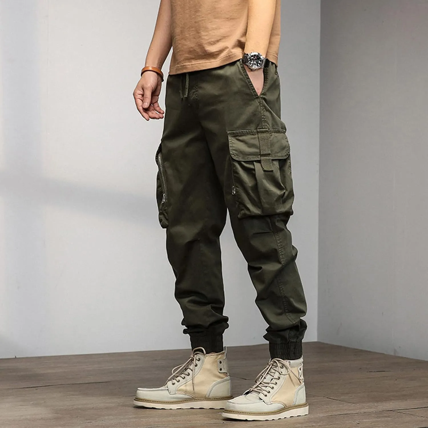 Mens Sweatpants Open Bottom Men's Lightweight Cargo Trouser Hiking Pants Casual Jogger Pants with Multi Pockets