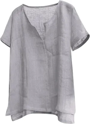 Mens V-Neck Henley Shirt Short Sleeve Collarless T Shirt Cotton Linen Solid Color Shirts Plus Size Fit Flowy Beach Tops