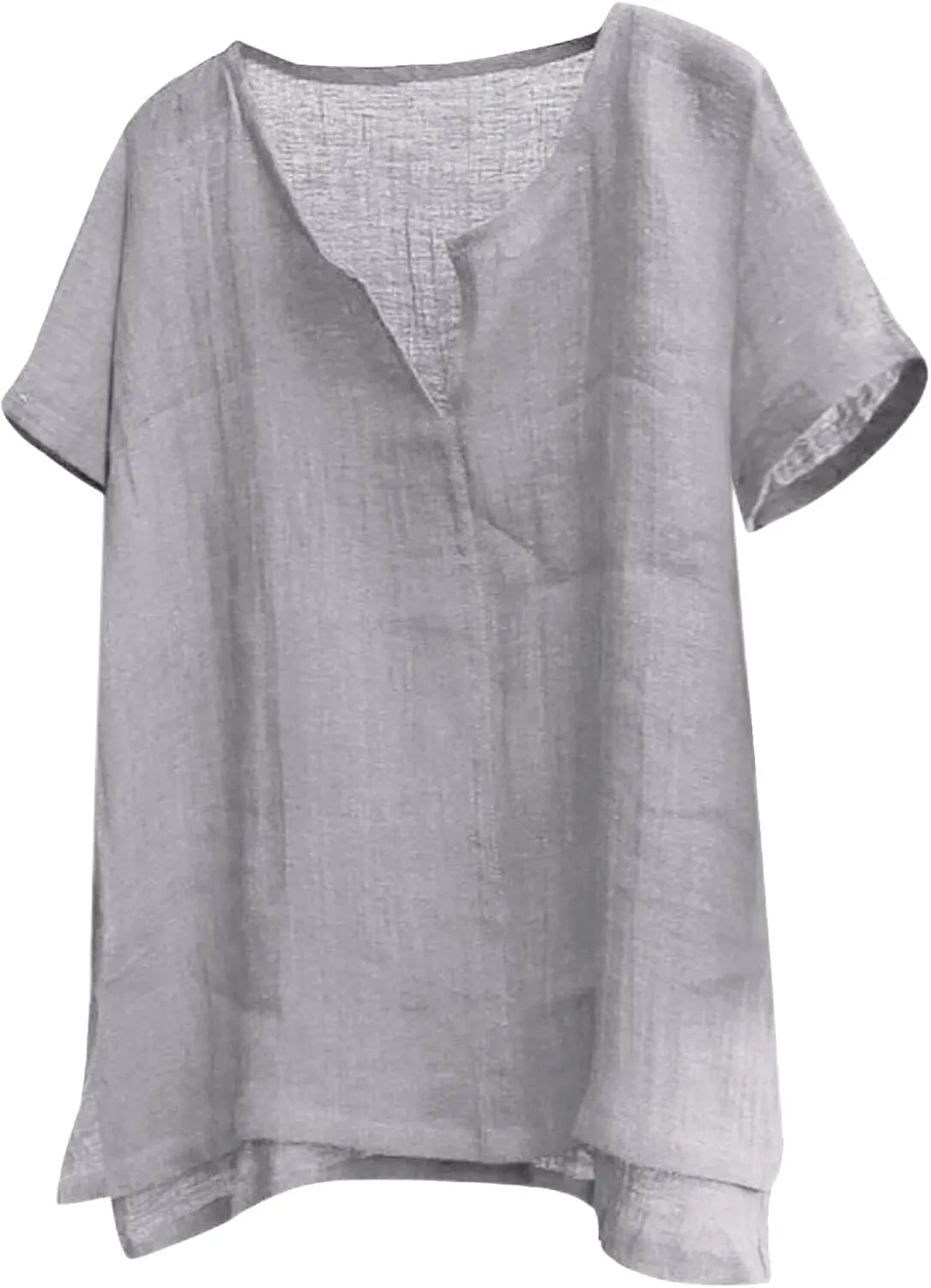 Mens V-Neck Henley Shirt Short Sleeve Collarless T Shirt Cotton Linen Solid Color Shirts Plus Size Fit Flowy Beach Tops