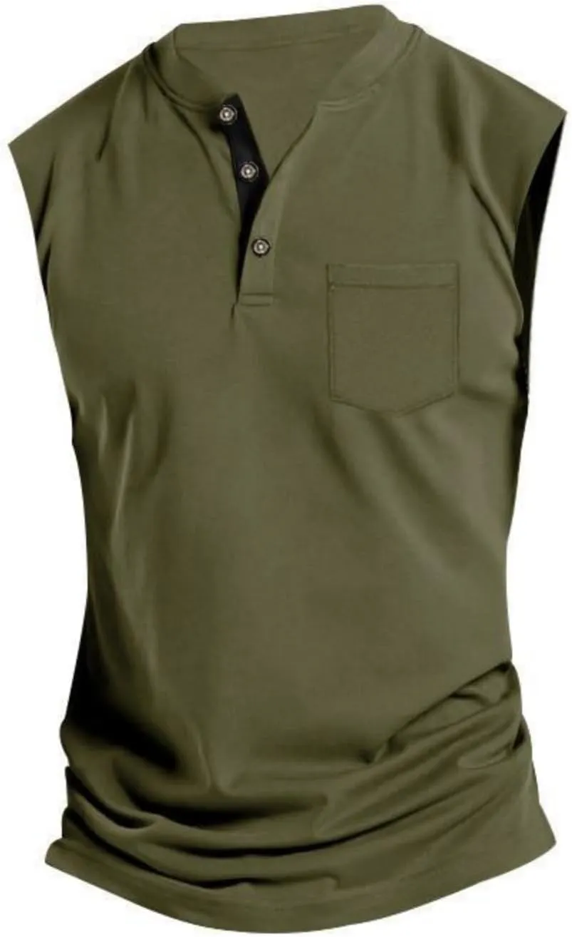 Mens V Neck Sleeveless Tank Tops Stand Collar Button Workout Shirts Lightweight Fashion Breathable Summer T Shirts
