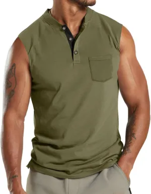 Mens V Neck Sleeveless Tank Tops Stand Collar Button Workout Shirts Lightweight Fashion Breathable Summer T Shirts