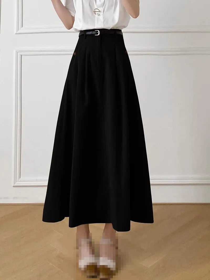Mid-Length Elastic Waist Denim Skirt for Women,Summer,Office Flared A-line Skirt