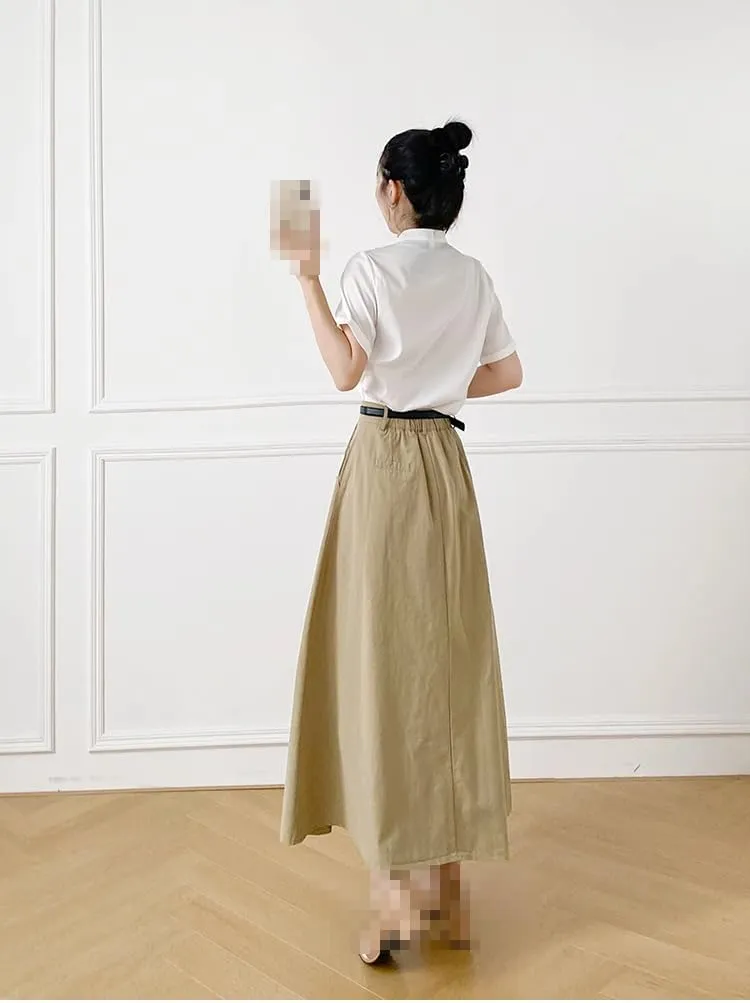 Mid-Length Elastic Waist Denim Skirt for Women,Summer,Office Flared A-line Skirt