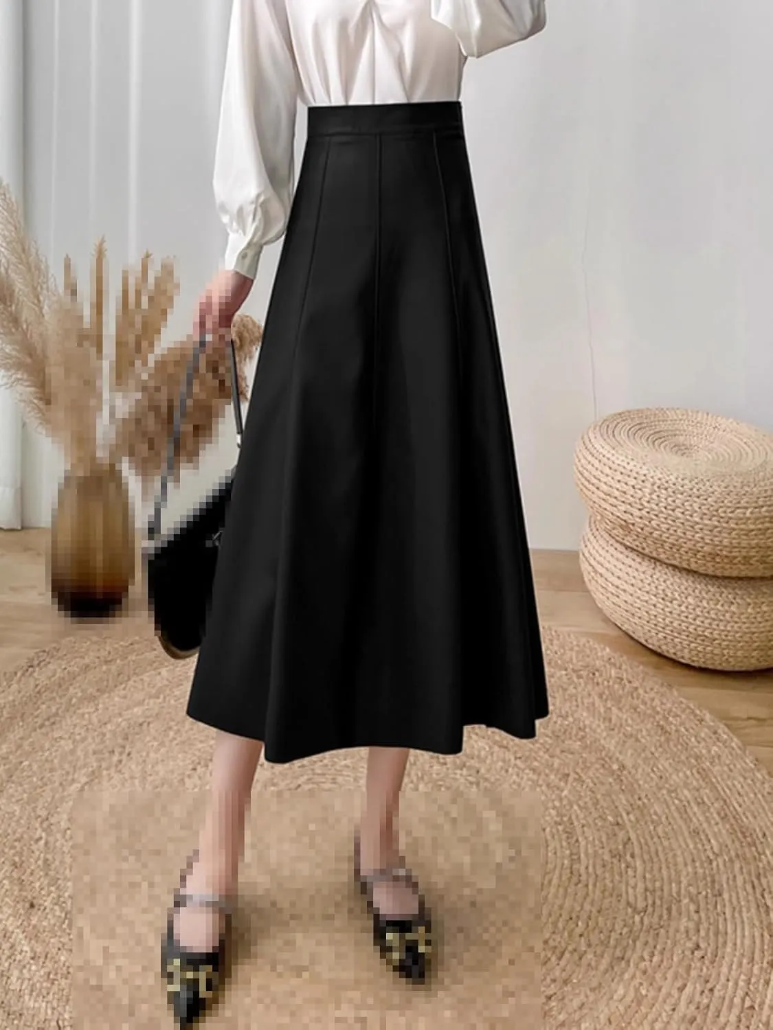 Mid-Length high-Waist A-line Flared Office Skirt for Women,Summer