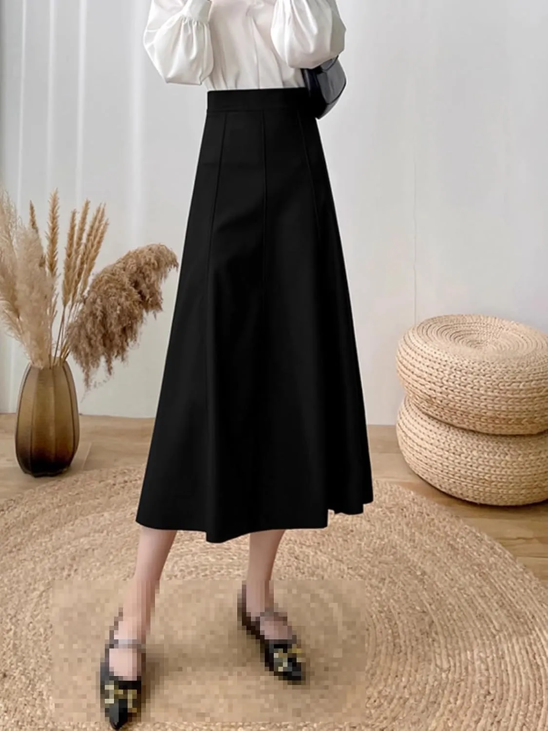 Mid-Length high-Waist A-line Flared Office Skirt for Women,Summer