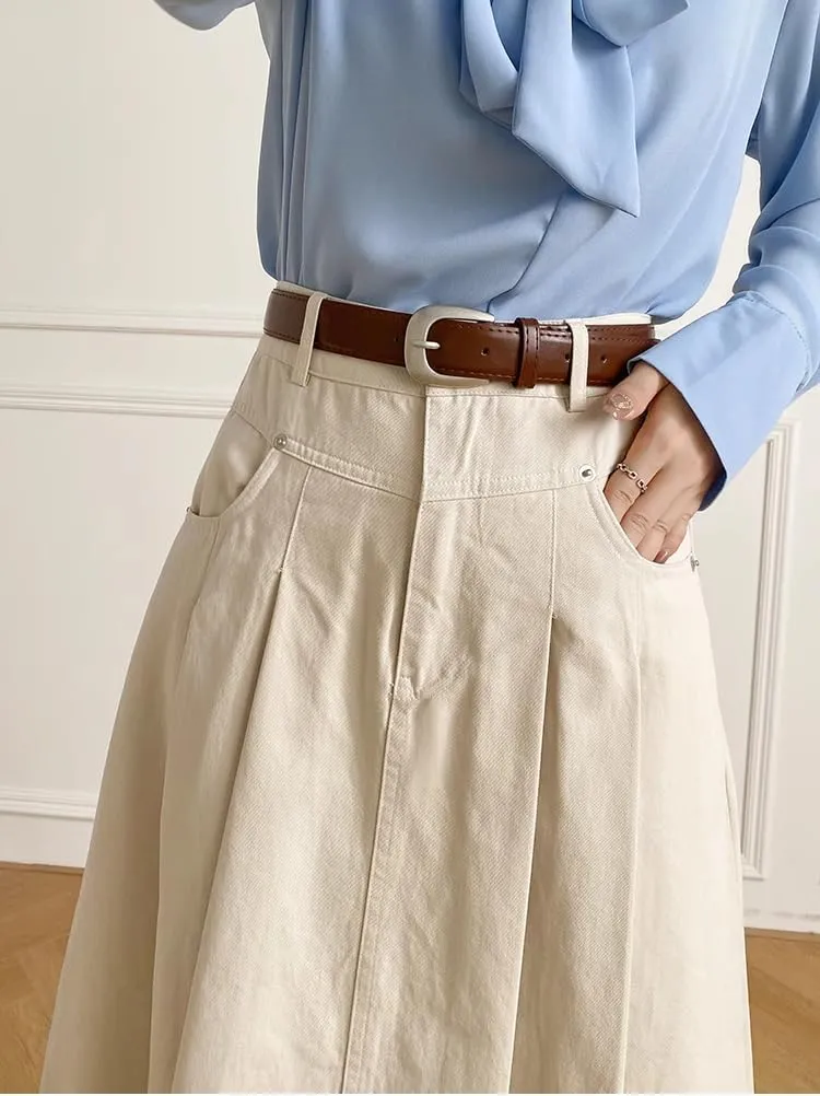 Mid-Length high-Waist Denim Skirt for Women,Spring,Flared A-line Pleated Skirt,Office wear
