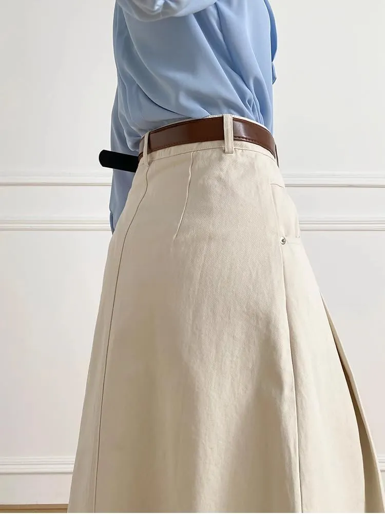 Mid-Length high-Waist Denim Skirt for Women,Spring,Flared A-line Pleated Skirt,Office wear