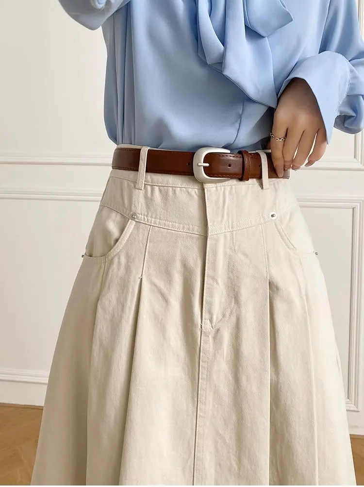 Mid-Length high-Waist Denim Skirt for Women,Spring,Flared A-line Pleated Skirt,Office wear