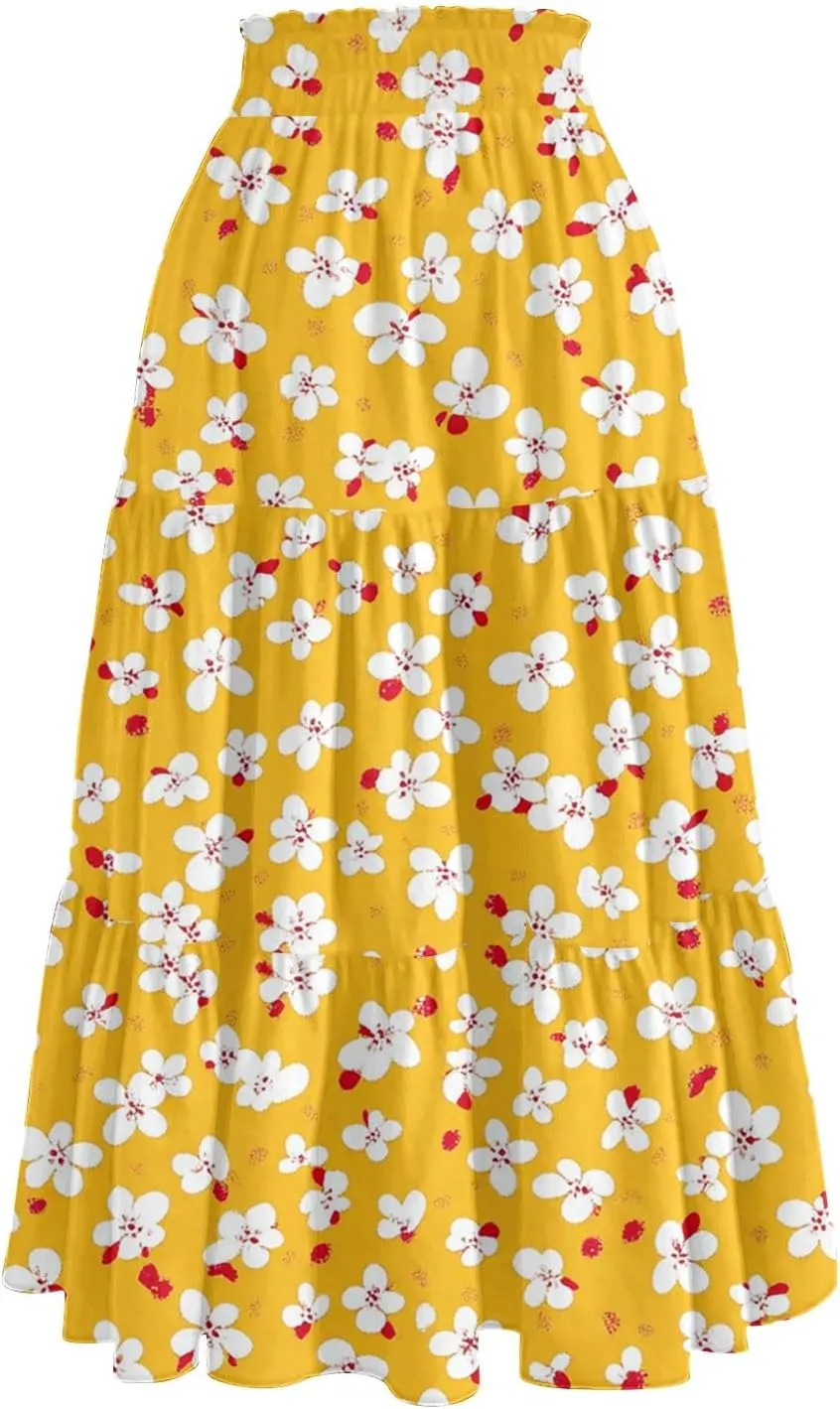 Midi Skirts for Women 2025 High Elastic Waisted Boho Floral Skirts Tiered Ruffle Skirt Flowy A Line Skorts with Pockets