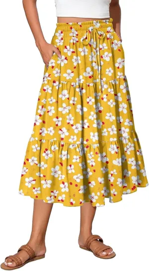 Midi Skirts for Women 2025 High Elastic Waisted Boho Floral Skirts Tiered Ruffle Skirt Flowy A Line Skorts with Pockets