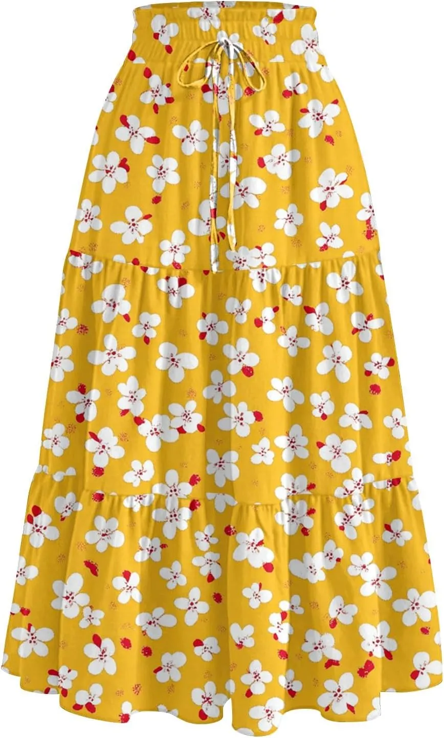 Midi Skirts for Women 2025 High Elastic Waisted Boho Floral Skirts Tiered Ruffle Skirt Flowy A Line Skorts with Pockets