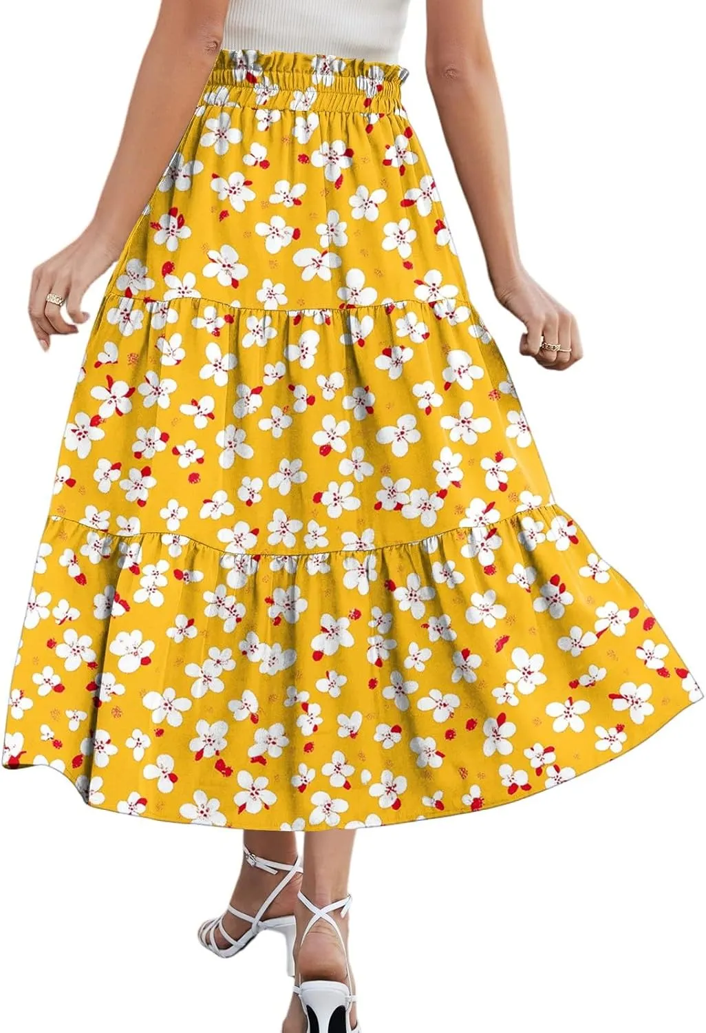 Midi Skirts for Women 2025 High Elastic Waisted Boho Floral Skirts Tiered Ruffle Skirt Flowy A Line Skorts with Pockets