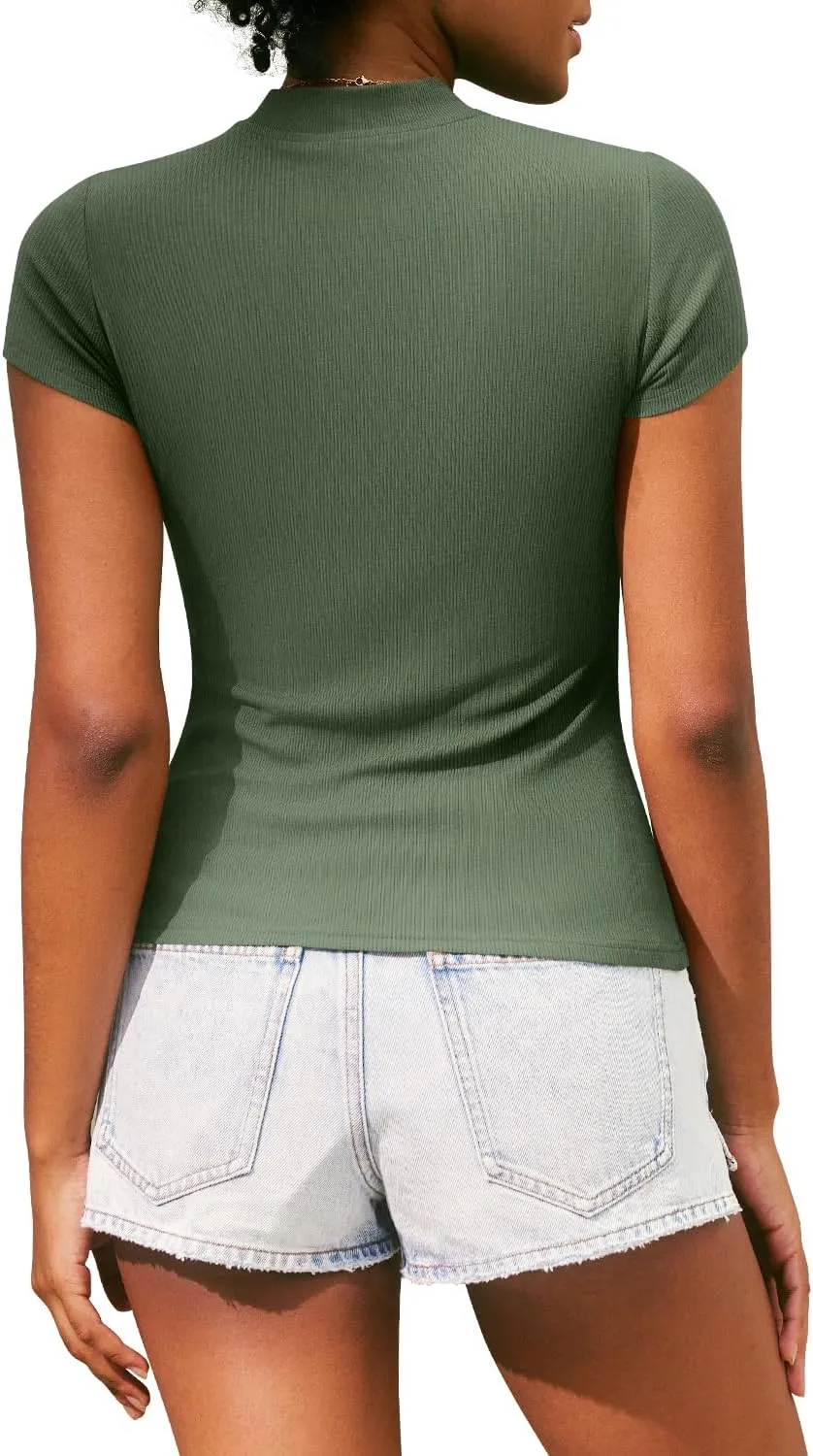 MIHOLL Women's Summer Cap Short Sleeve Tops Mock Neck Ribbed Knit Slim Fit Casual Basic Tee T Shirts
