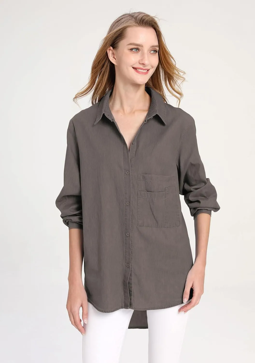 Minibee Women's Long Sleeve Shirts Button Down Blouse Cotton Tunic High Low Tops