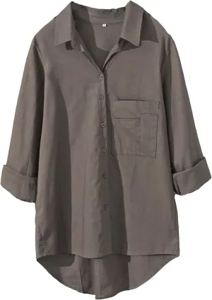Minibee Women's Long Sleeve Shirts Button Down Blouse Cotton Tunic High Low Tops