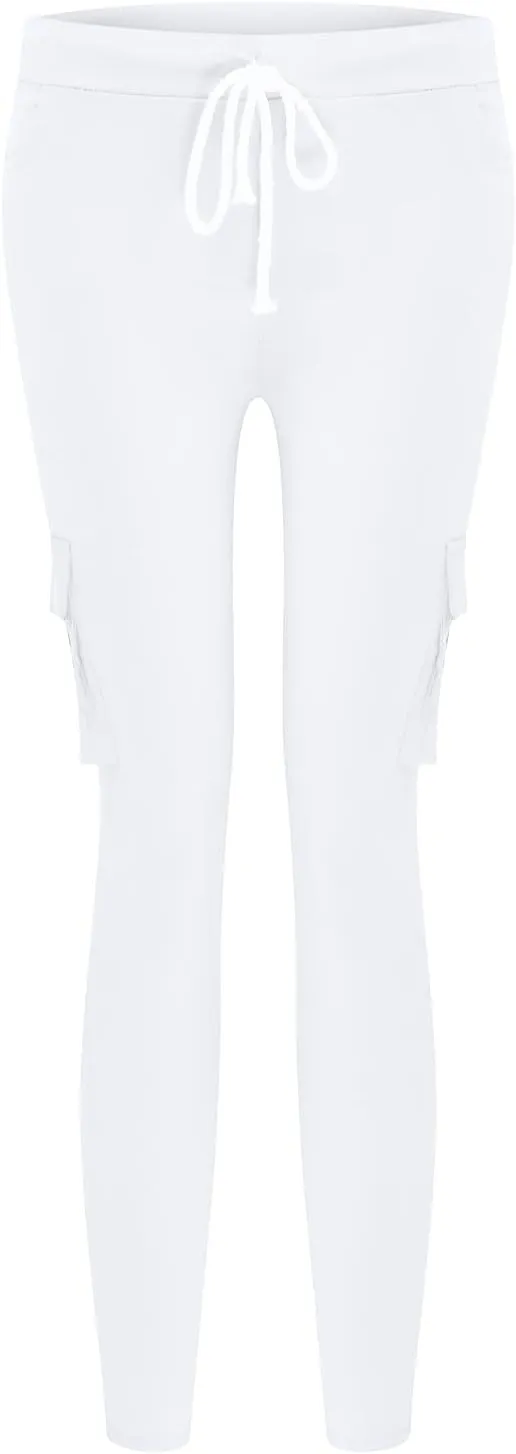 Multi Pocket Cargo Pants Athletic Drawstring Sweatpants Elastic Waist Solid Joggers High Waisted Loose Trousers