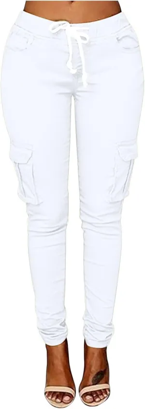 Multi Pocket Cargo Pants Athletic Drawstring Sweatpants Elastic Waist Solid Joggers High Waisted Loose Trousers