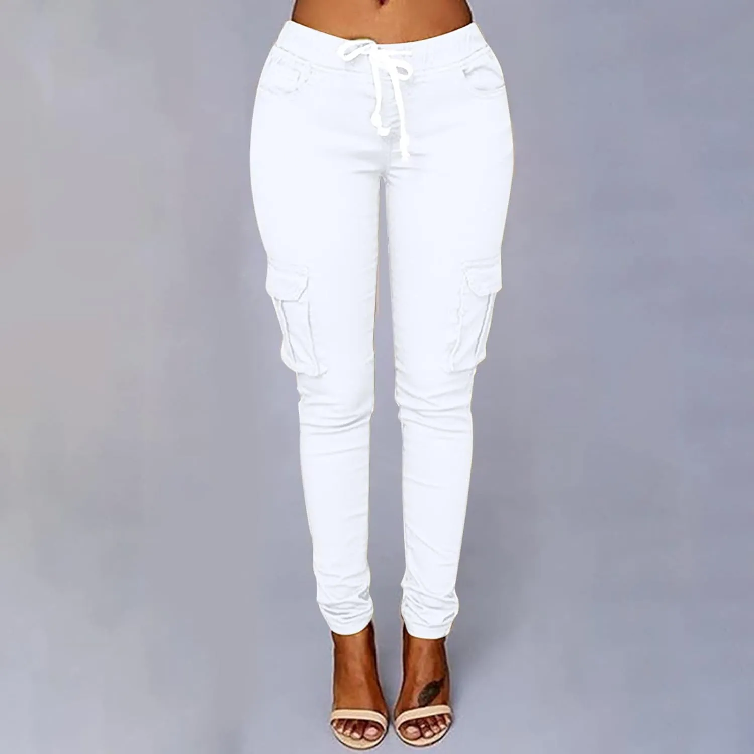 Multi Pocket Cargo Pants Athletic Drawstring Sweatpants Elastic Waist Solid Joggers High Waisted Loose Trousers