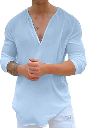 Muscularfit Mens Cotton Linen Shirts Casual Stylish Deep V Neck 3/4 Sleeve 2023 Summer Top Loose Regular-Fit Elegant T Shirt