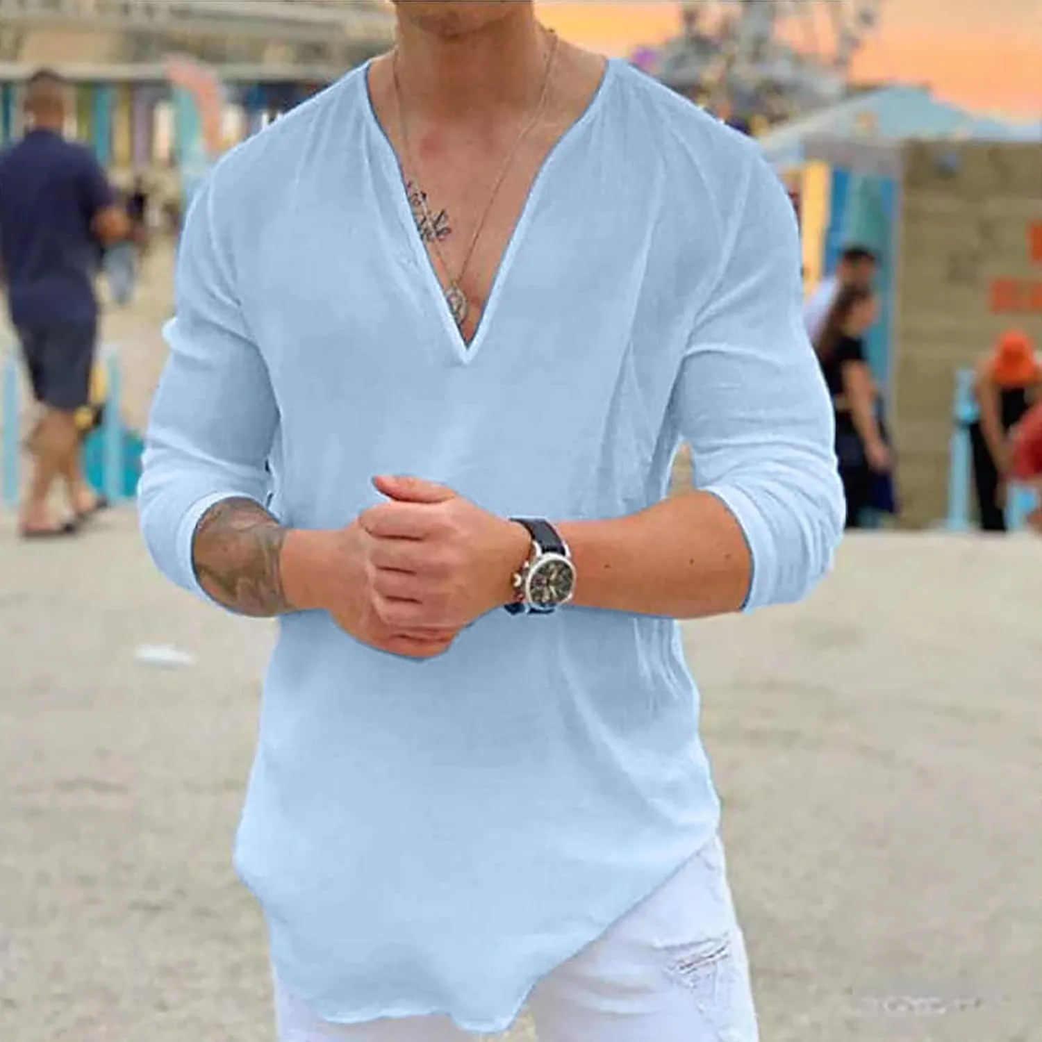 Muscularfit Mens Cotton Linen Shirts Casual Stylish Deep V Neck 3/4 Sleeve 2023 Summer Top Loose Regular-Fit Elegant T Shirt