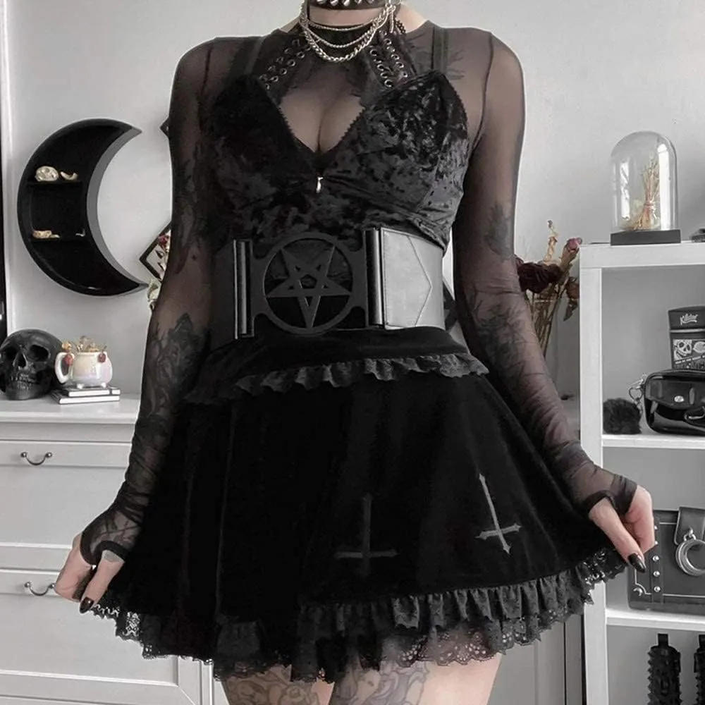 Mxiqqpltky Womens Lace Patchwork Mini Pleated Skirts Vintage High Waist Ruffle Harajuku Goth Short Skirts