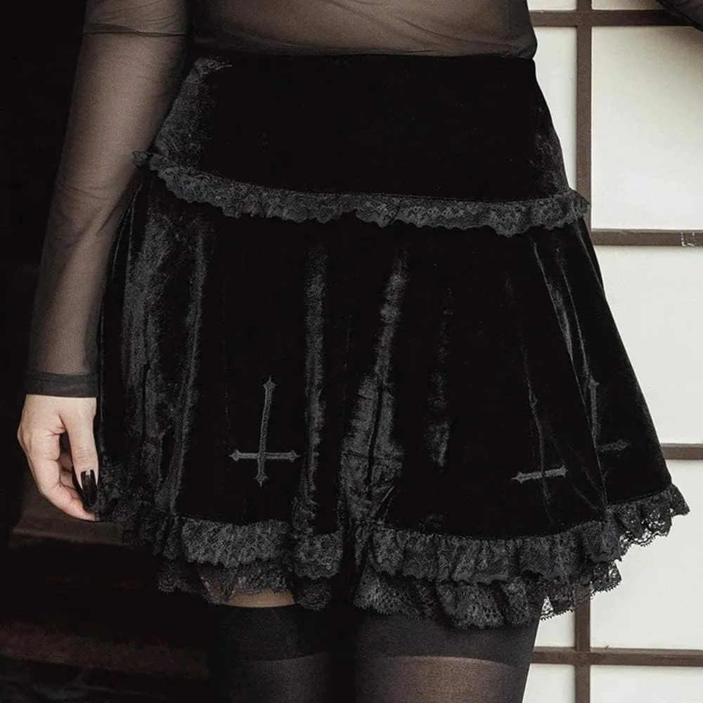 Mxiqqpltky Womens Lace Patchwork Mini Pleated Skirts Vintage High Waist Ruffle Harajuku Goth Short Skirts
