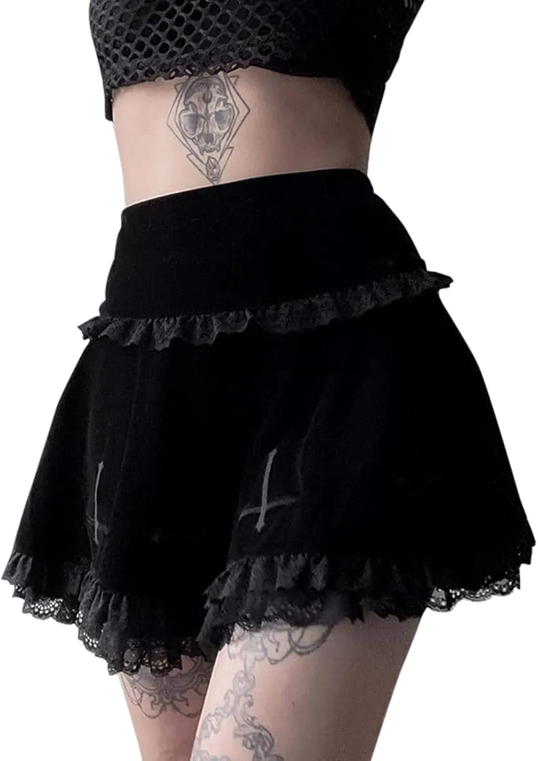 Mxiqqpltky Womens Lace Patchwork Mini Pleated Skirts Vintage High Waist Ruffle Harajuku Goth Short Skirts