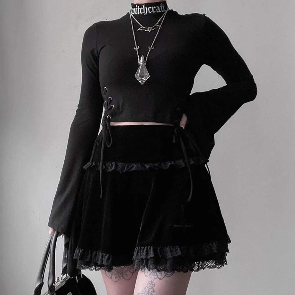 Mxiqqpltky Womens Lace Patchwork Mini Pleated Skirts Vintage High Waist Ruffle Harajuku Goth Short Skirts