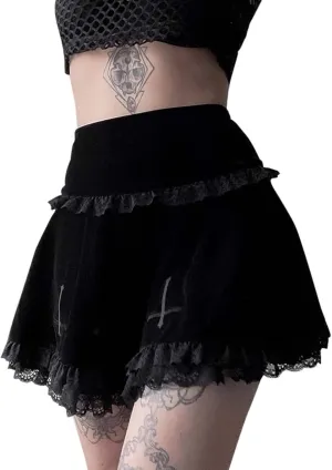 Mxiqqpltky Womens Lace Patchwork Mini Pleated Skirts Vintage High Waist Ruffle Harajuku Goth Short Skirts