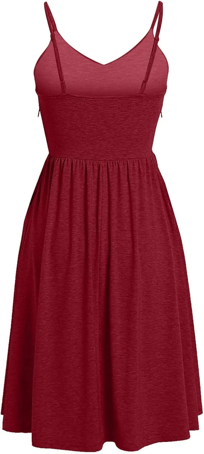 NaRHbrg Women's Sleeveless Midi Dress V Neck Ruched Casual Summer A-Line Sundress Elegant Flowy Swing Dress