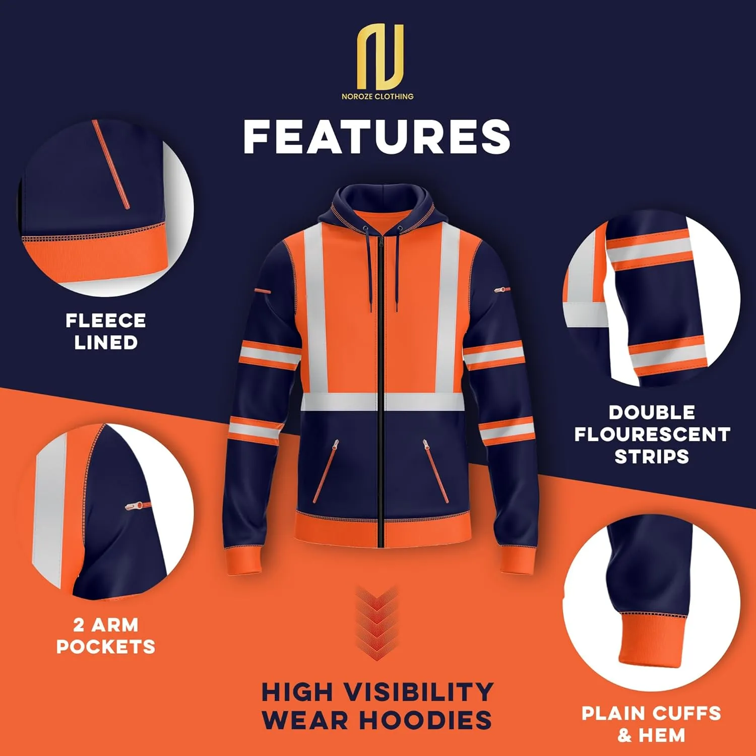 NOROZE Mens Hi-Viz Front Zip Hoodie Reflective Tape High Visibility Safety Coat Sweatshirt