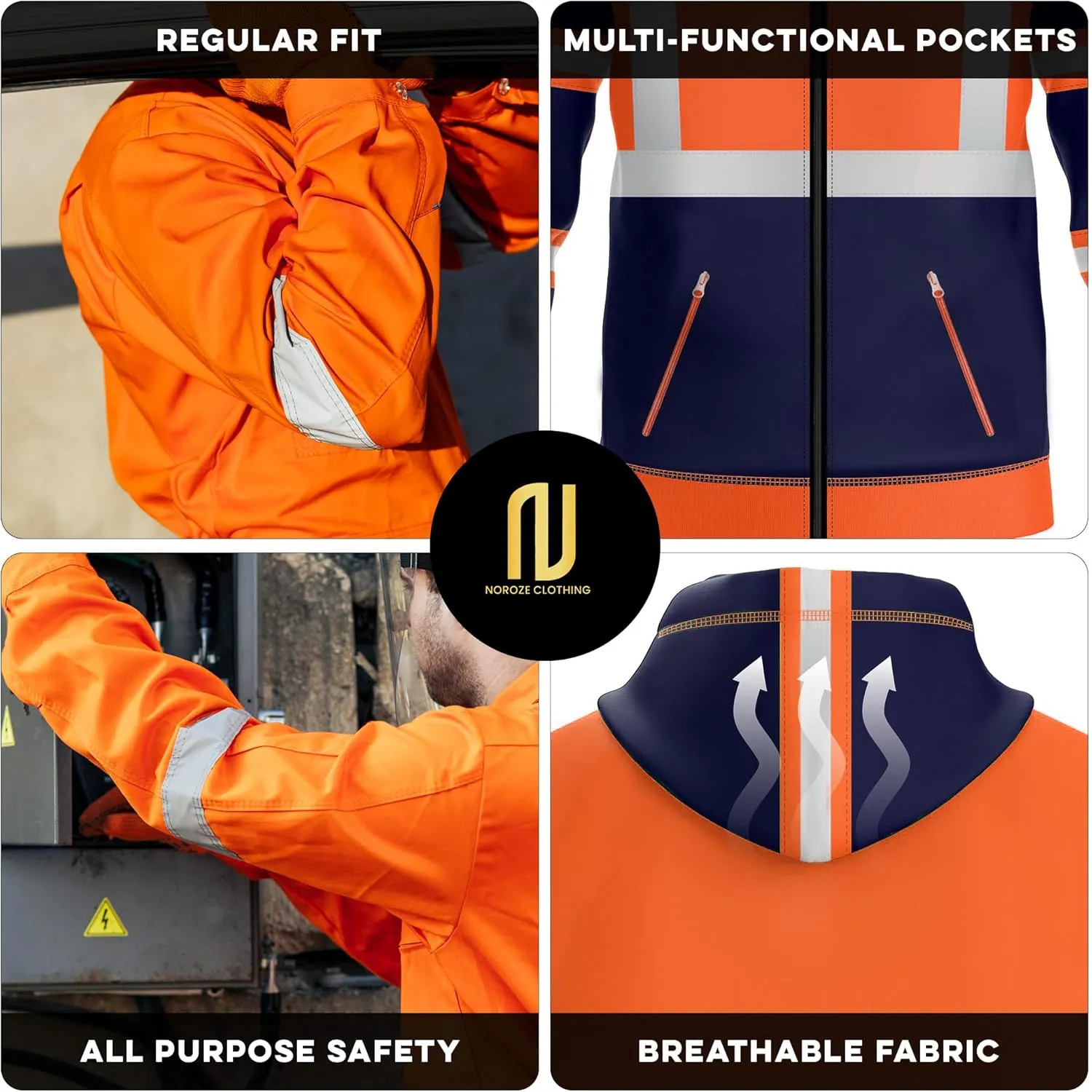 NOROZE Mens Hi-Viz Front Zip Hoodie Reflective Tape High Visibility Safety Coat Sweatshirt