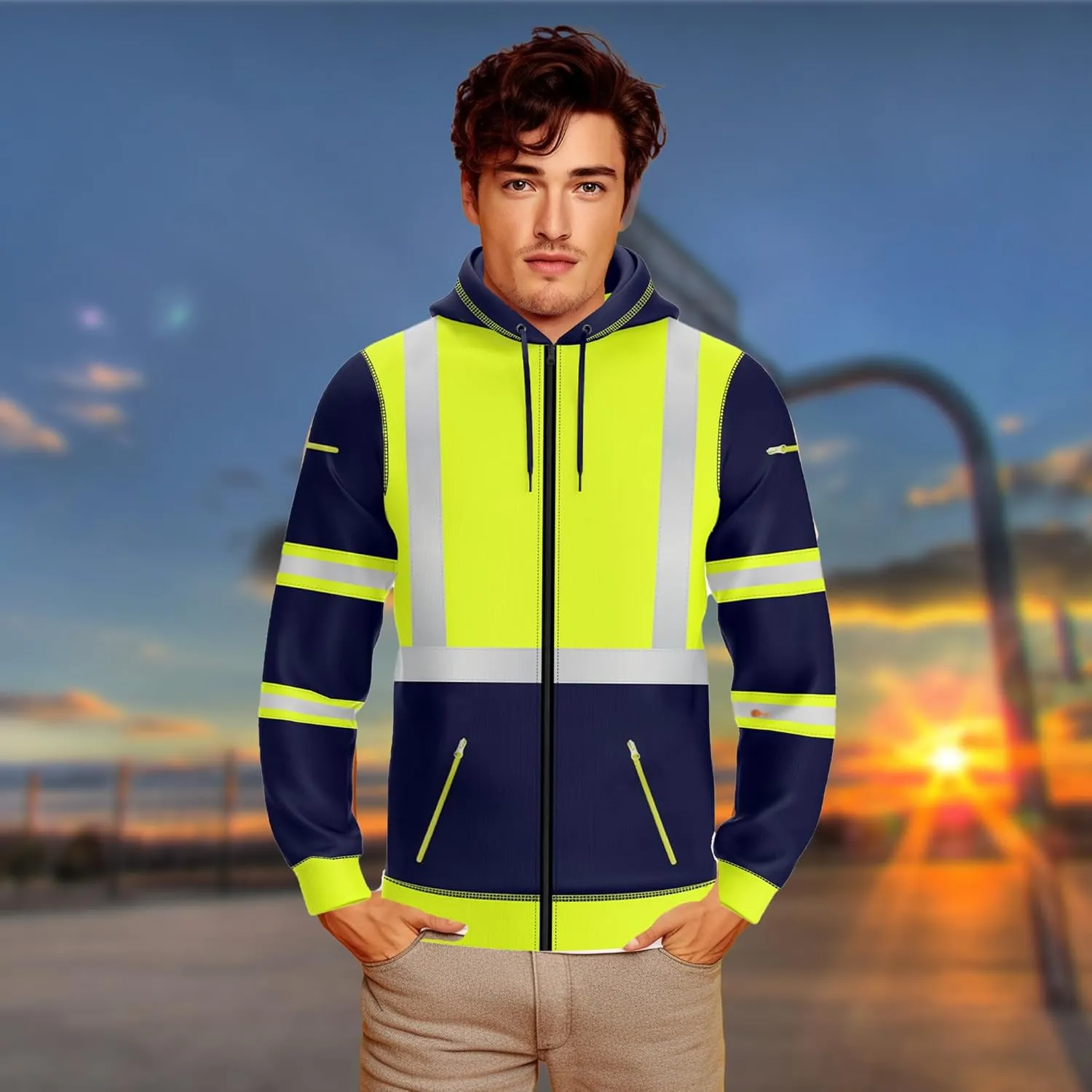 NOROZE Mens Hi-Viz Front Zip Hoodie Reflective Tape High Visibility Safety Coat Sweatshirt