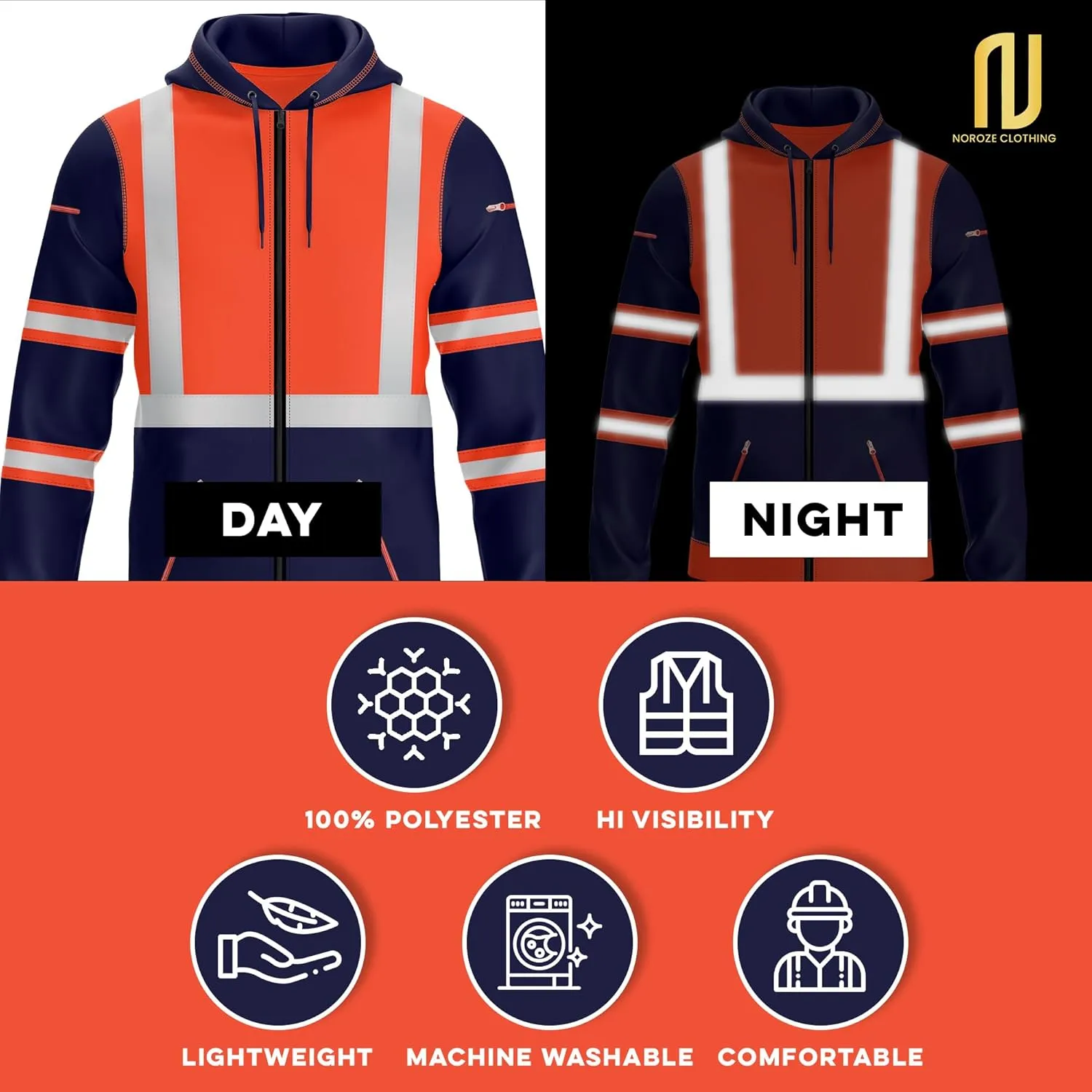 NOROZE Mens Hi-Viz Front Zip Hoodie Reflective Tape High Visibility Safety Coat Sweatshirt