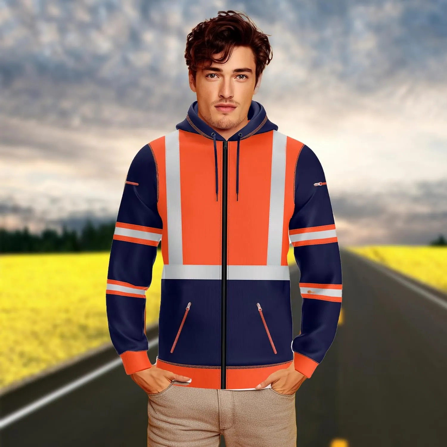 NOROZE Mens Hi-Viz Front Zip Hoodie Reflective Tape High Visibility Safety Coat Sweatshirt