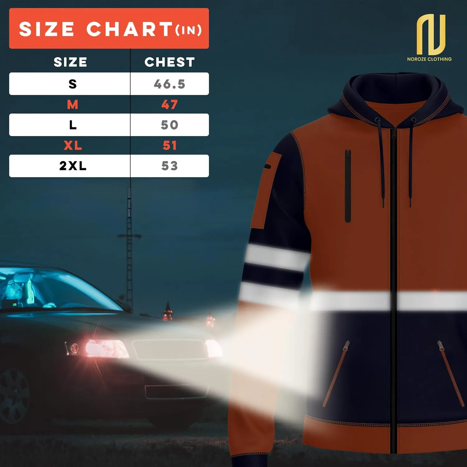 NOROZE Mens Hi-Viz Front Zip Hoodie Reflective Tape High Visibility Safety Coat Sweatshirt