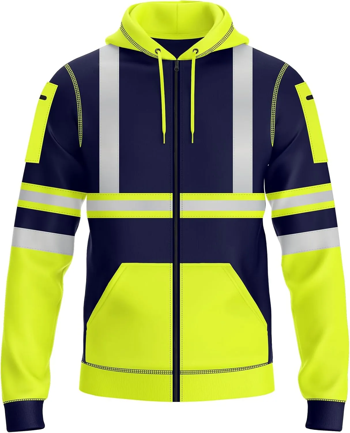 NOROZE Mens Hi-Viz Front Zip Hoodie Reflective Tape High Visibility Safety Coat Sweatshirt