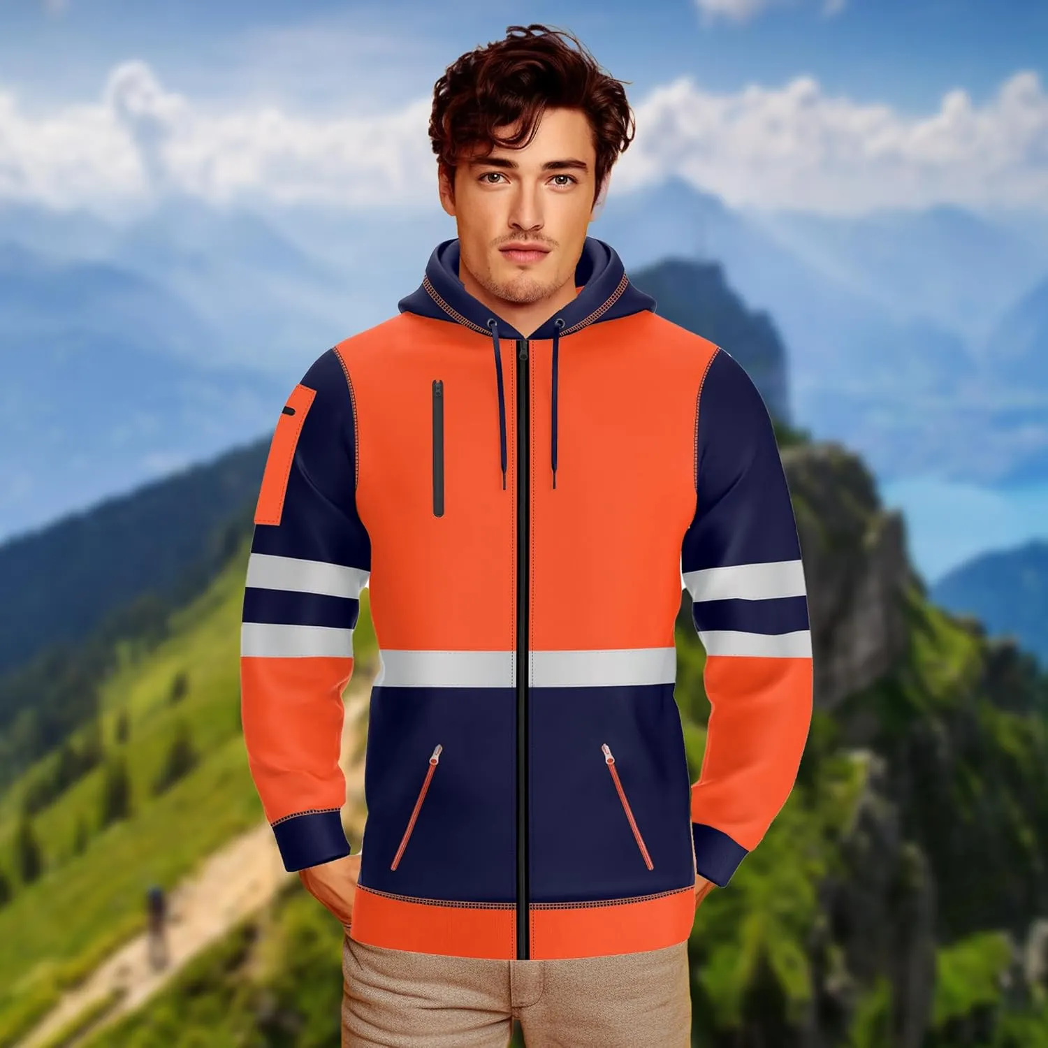 NOROZE Mens Hi-Viz Front Zip Hoodie Reflective Tape High Visibility Safety Coat Sweatshirt