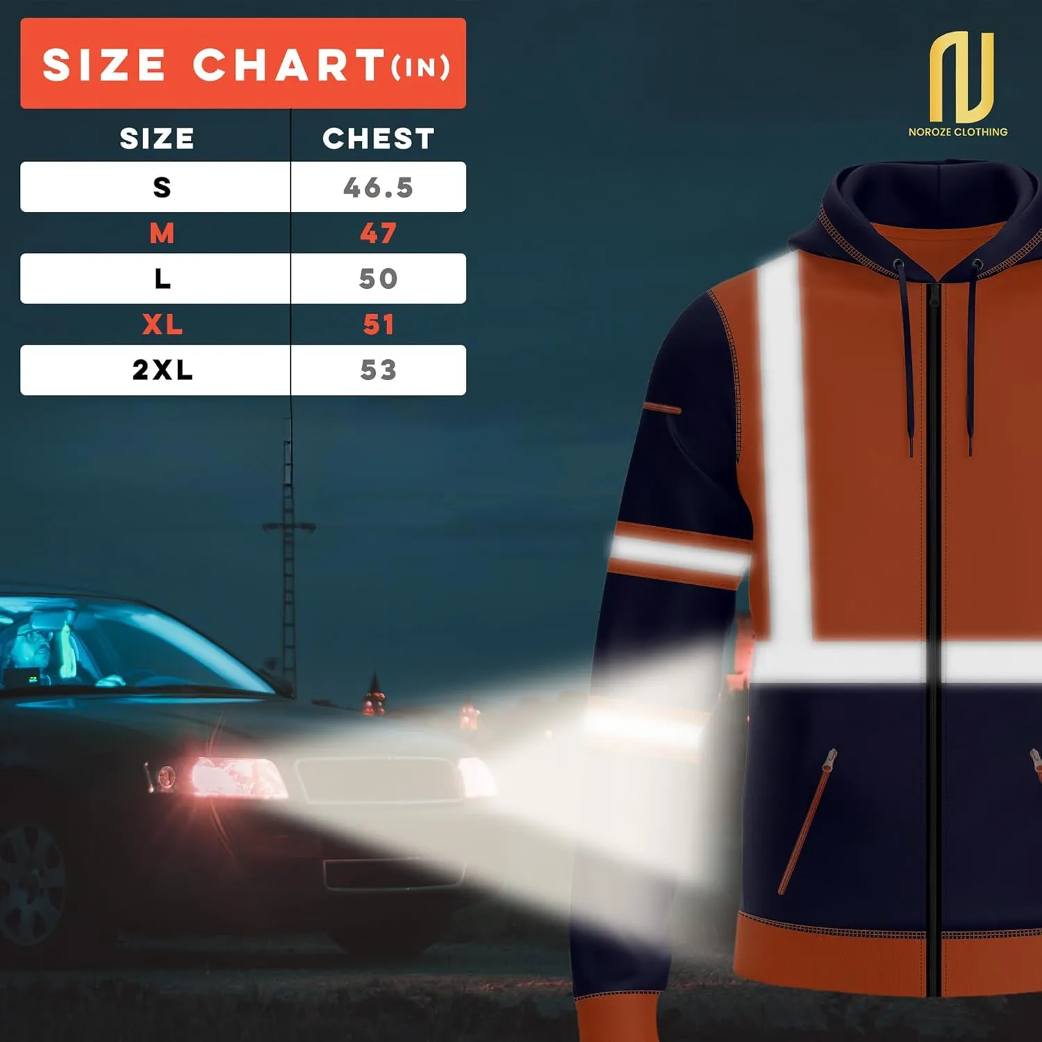 NOROZE Mens Hi-Viz Front Zip Hoodie Reflective Tape High Visibility Safety Coat Sweatshirt