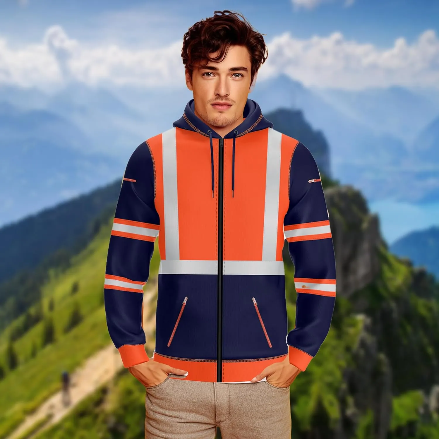 NOROZE Mens Hi-Viz Front Zip Hoodie Reflective Tape High Visibility Safety Coat Sweatshirt