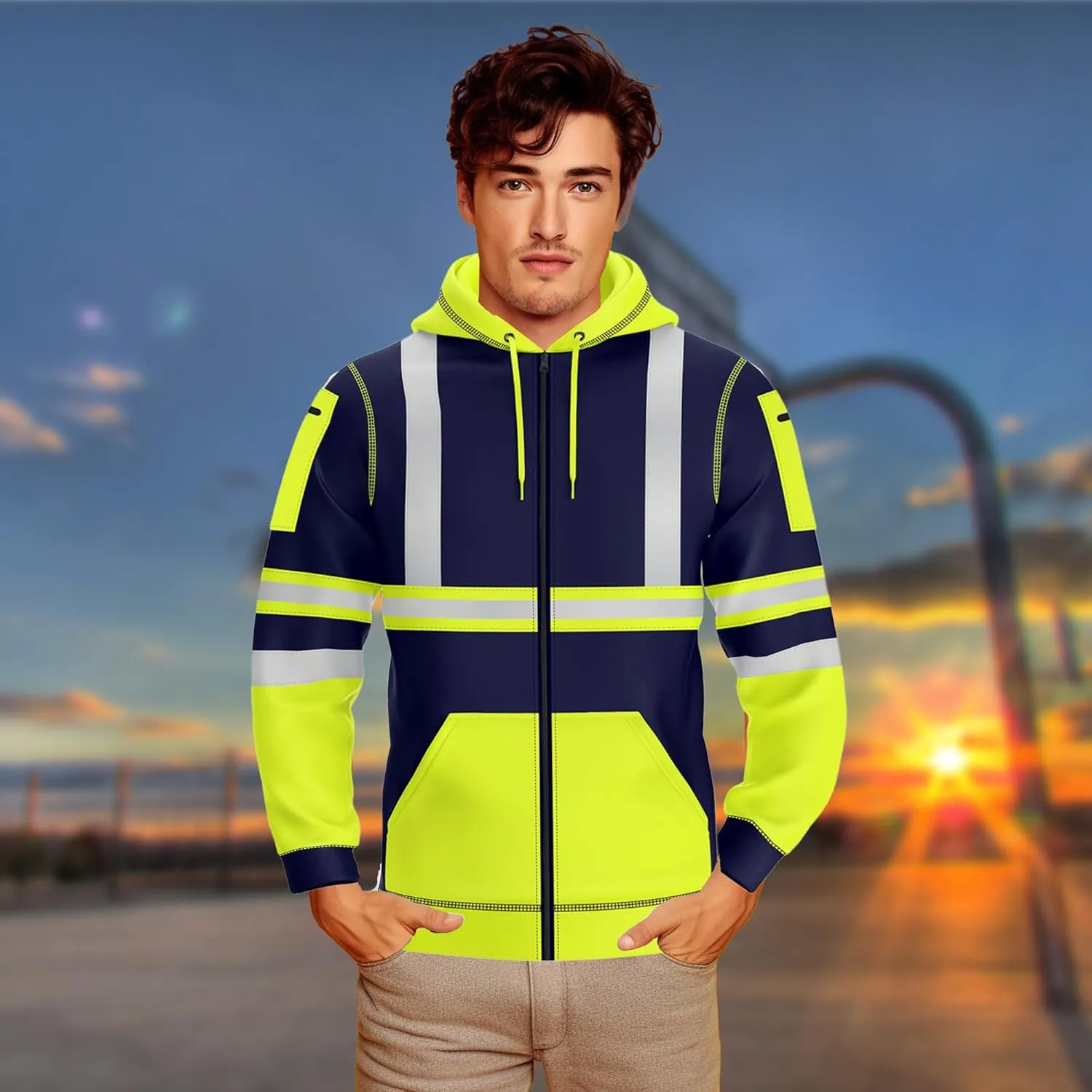 NOROZE Mens Hi-Viz Front Zip Hoodie Reflective Tape High Visibility Safety Coat Sweatshirt