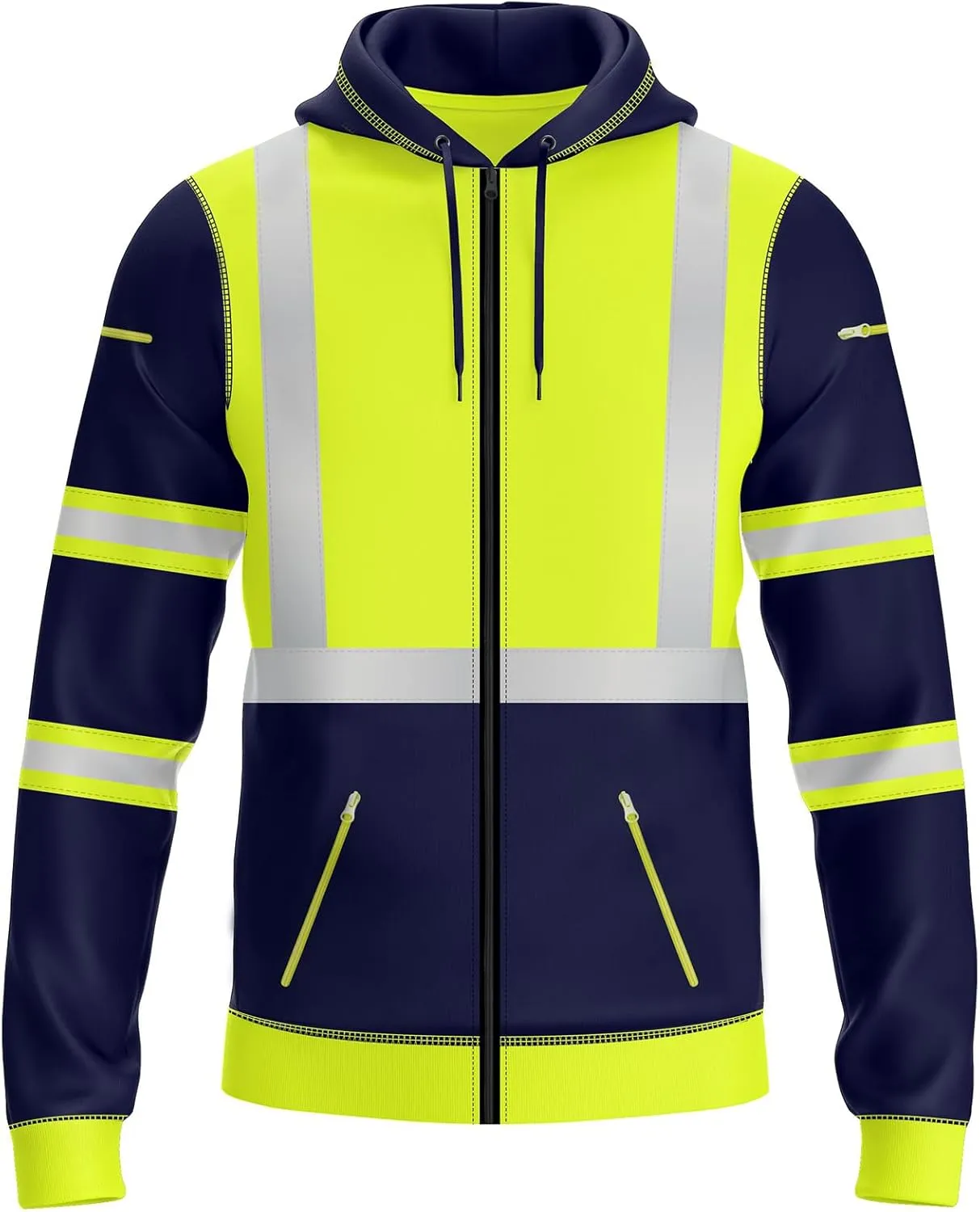 NOROZE Mens Hi-Viz Front Zip Hoodie Reflective Tape High Visibility Safety Coat Sweatshirt