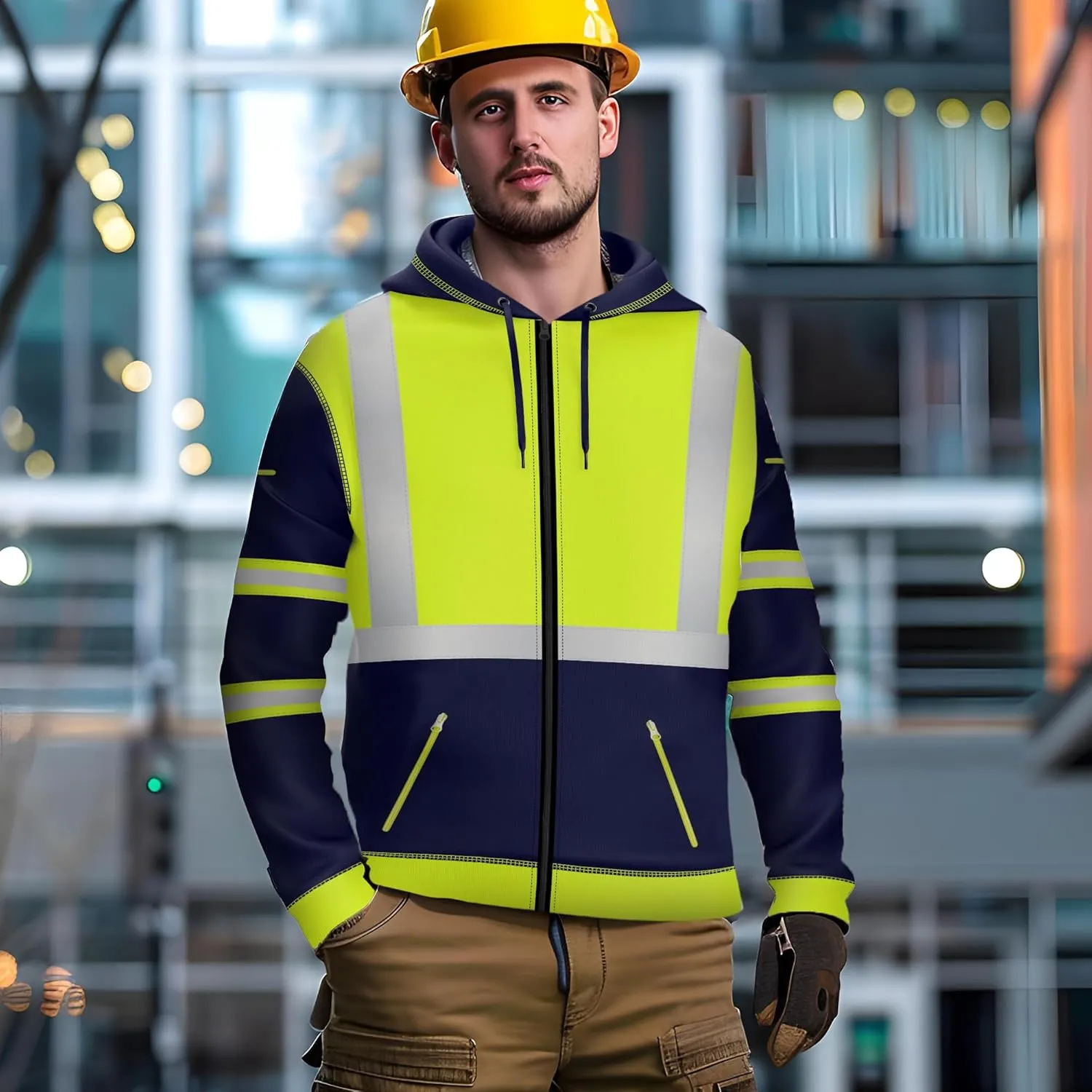 NOROZE Mens Hi-Viz Front Zip Hoodie Reflective Tape High Visibility Safety Coat Sweatshirt