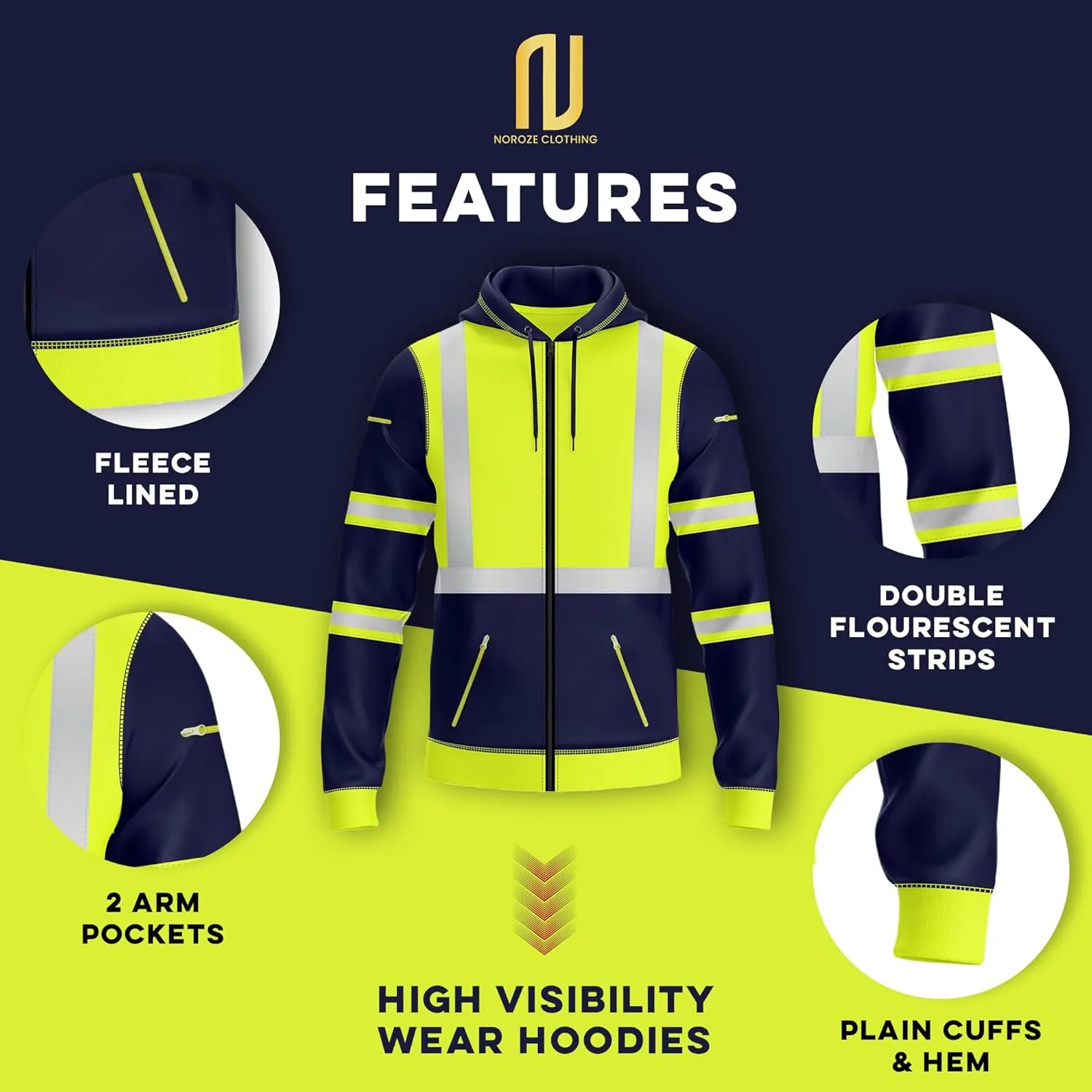 NOROZE Mens Hi-Viz Front Zip Hoodie Reflective Tape High Visibility Safety Coat Sweatshirt