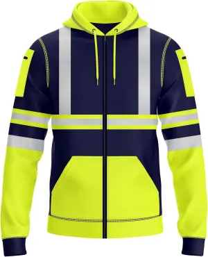 NOROZE Mens Hi-Viz Front Zip Hoodie Reflective Tape High Visibility Safety Coat Sweatshirt